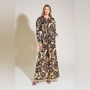 737. Floral Print Long Sleeve Wide Leg Jumpsuit in Black Taupe
